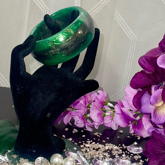 Luscious Dark Jungle Green Swirled Golden Black Wide Bangle Bracelet Handcrafted - Picture 11 of 11